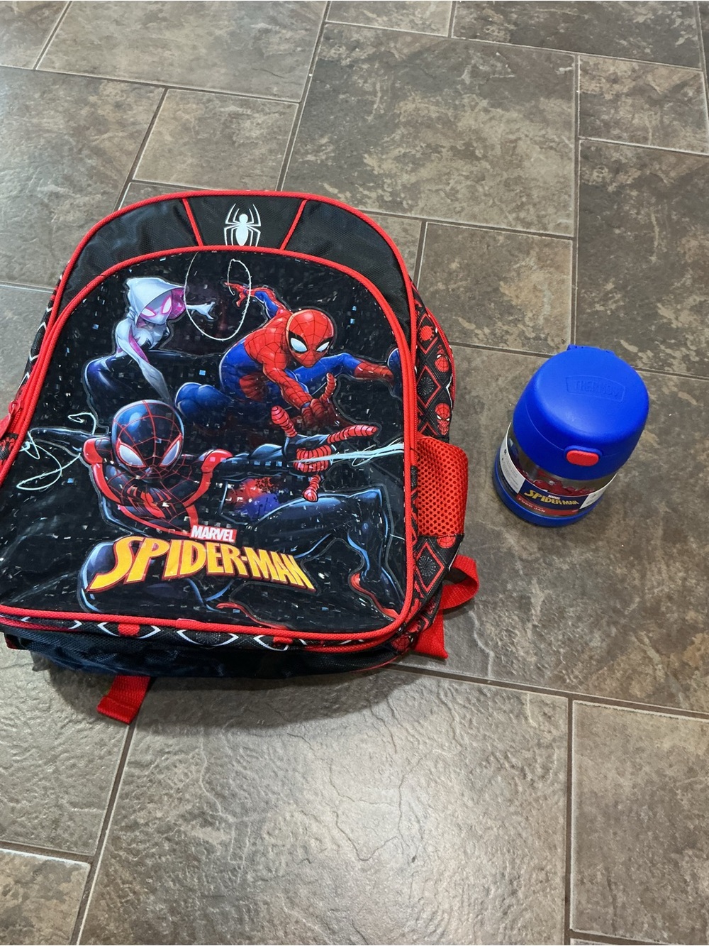 Marvel Spider-Man Kids black and red Backpack - and Spider-Man Thermos food jar